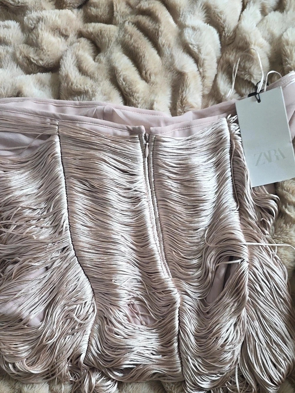 ZARA Fringed Mini Skirt Champagne/Nude